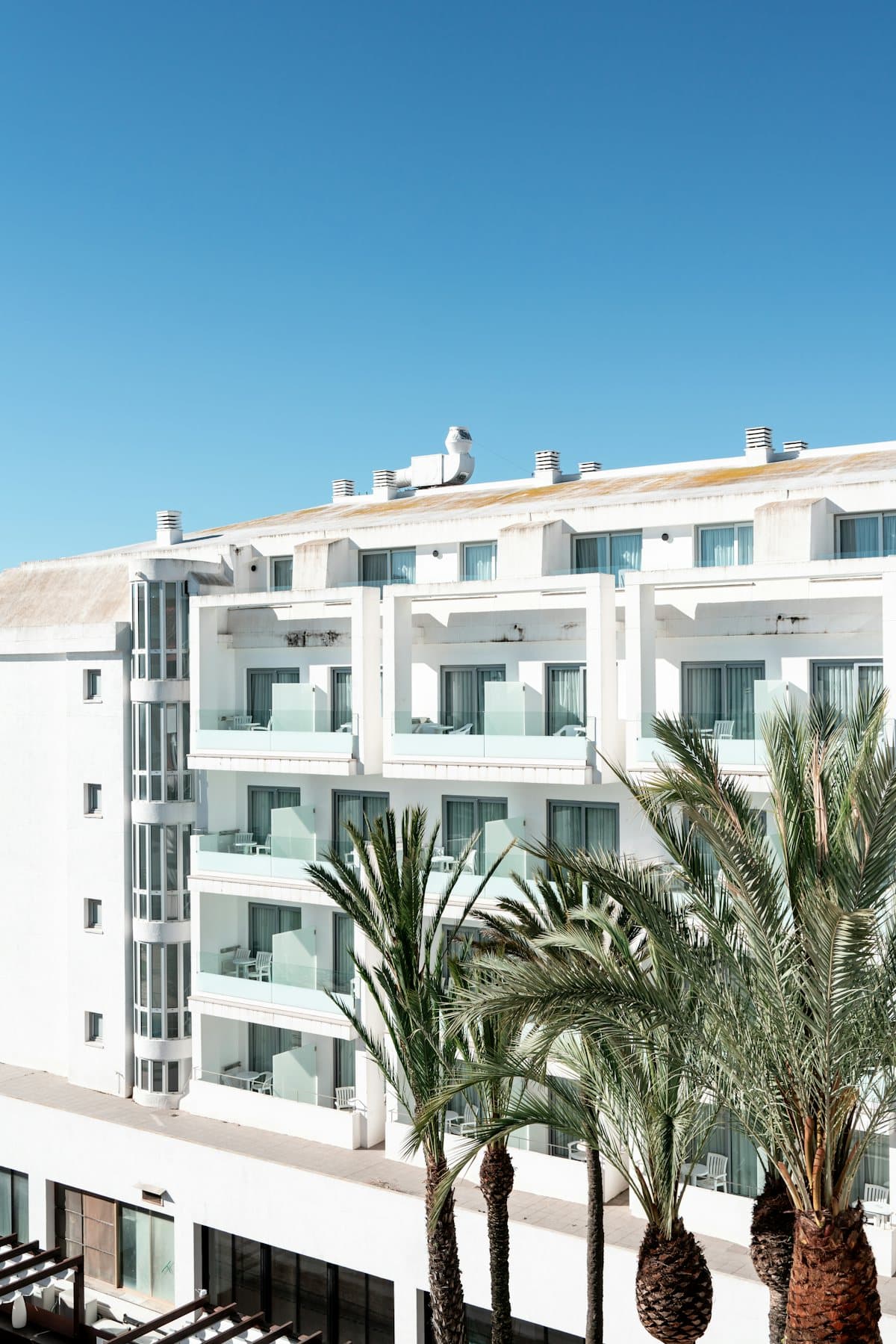 Balcones de un hotel de costa entre palmeras